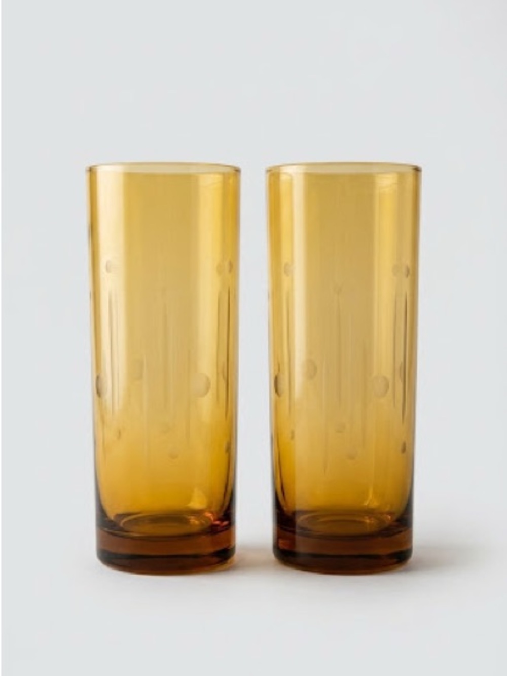 Vintage Amber Glass Etched Highball Cylindrical 12 oz Drinking Glasses Set of 2